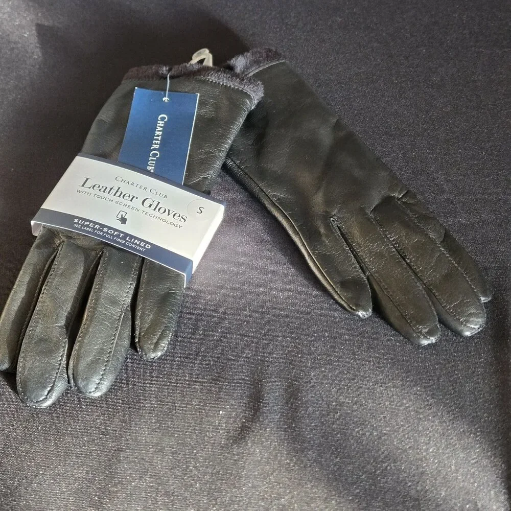 Women's Charter Club Leather Black Gloves Size S Fleece Lined Touch Screen Tech